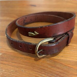 Brown Leather Belt with Gold Brass Buckle and Whale Detail